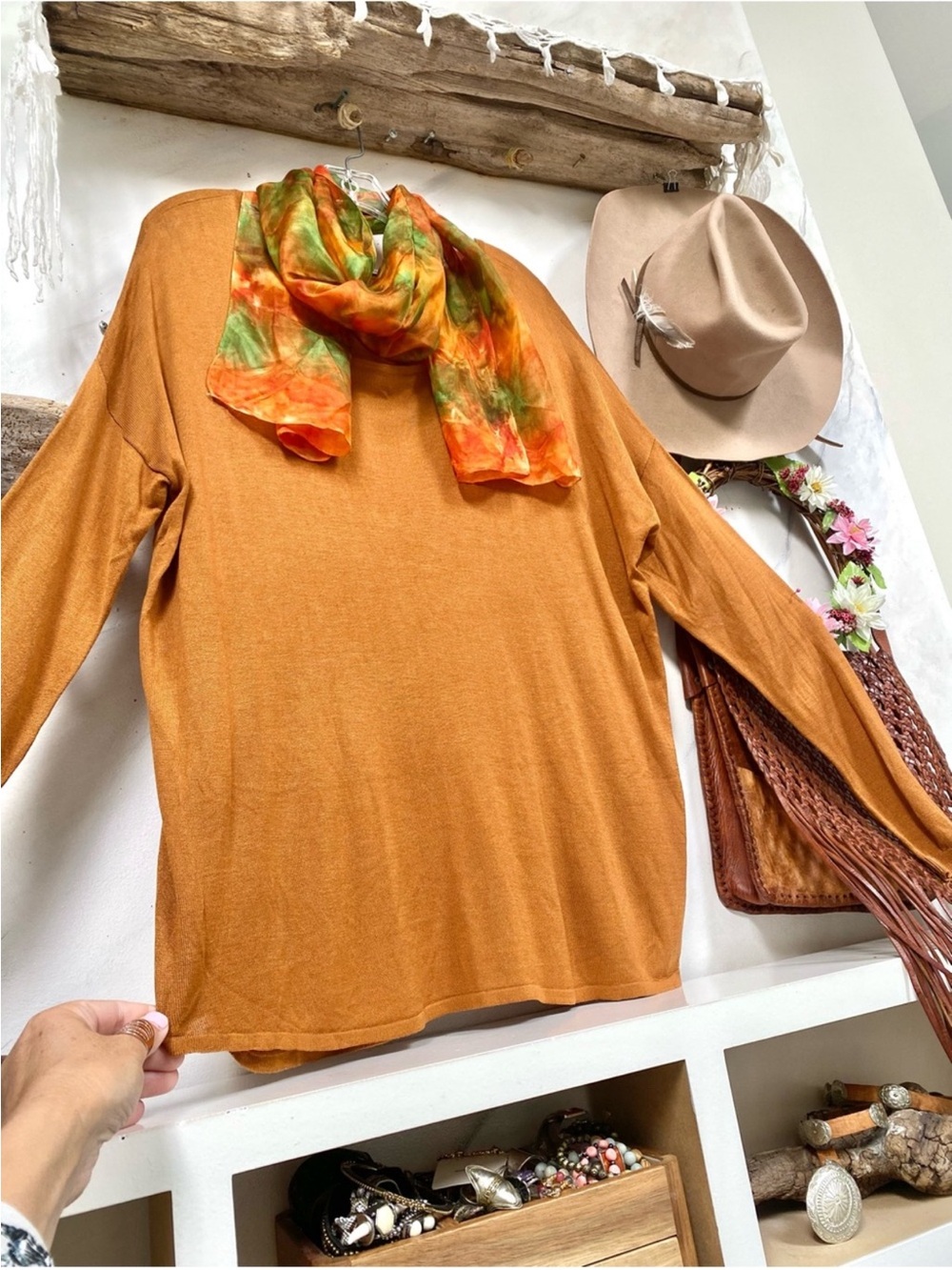 Fall rustic Copper knit boho sweater shabby chic cottagecore prairie vibe - Picture 3 of 11
